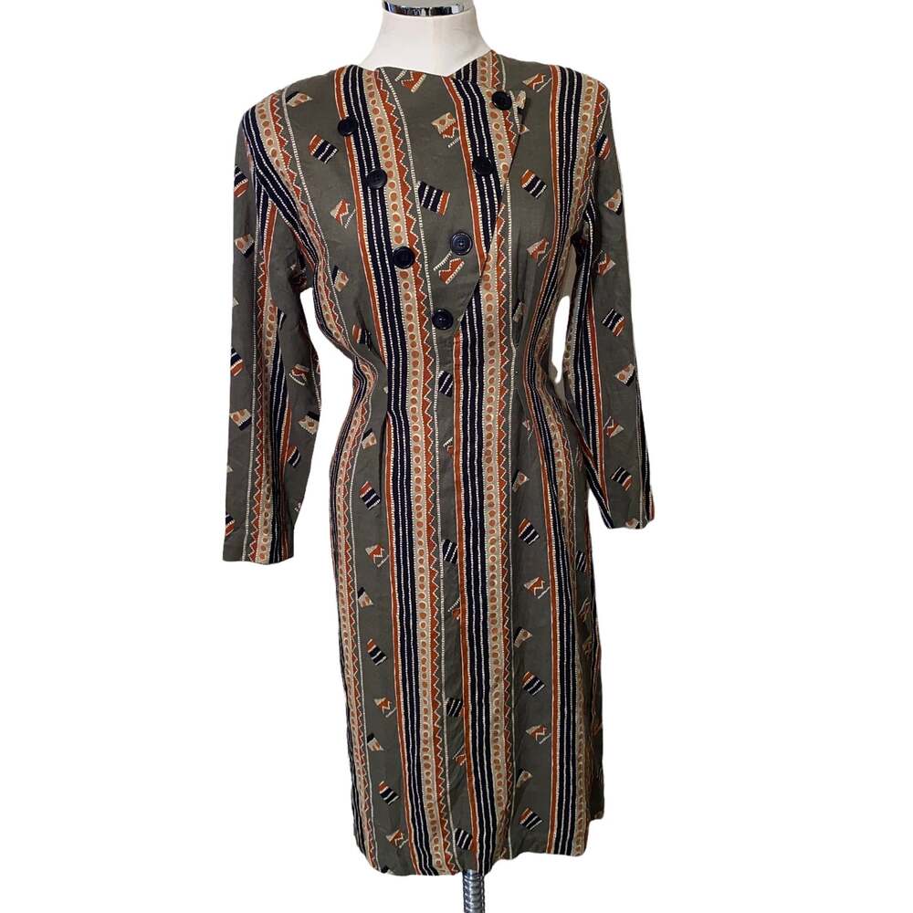 Vintage Niya Collection Tribal Aztec Print Dress Long Sleeve Asymmetrical Button